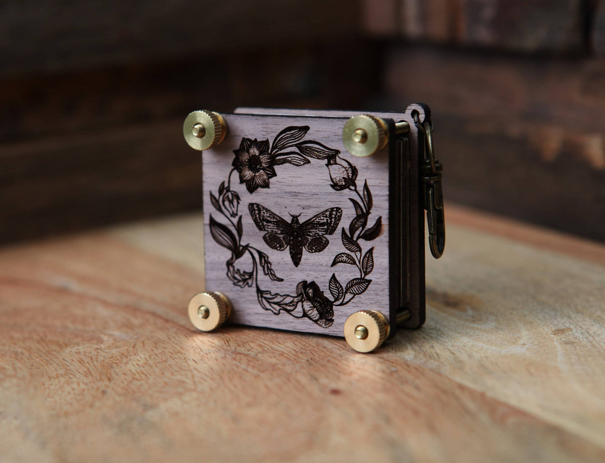 Walnut & Brass Moth-Engraved Flower Press Kit with Inserts