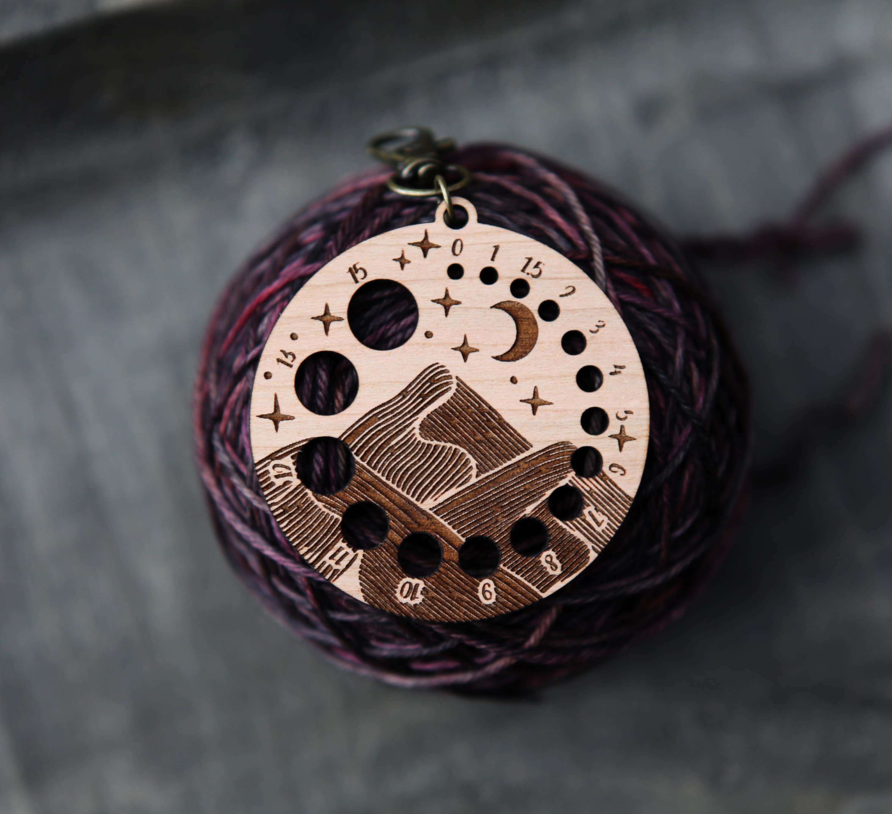 Cherry Wood Knitting Needle Gauge with Night Sky Motif