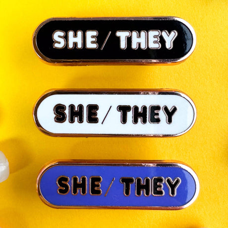 She/They Pronoun Plaque Enamel Pin