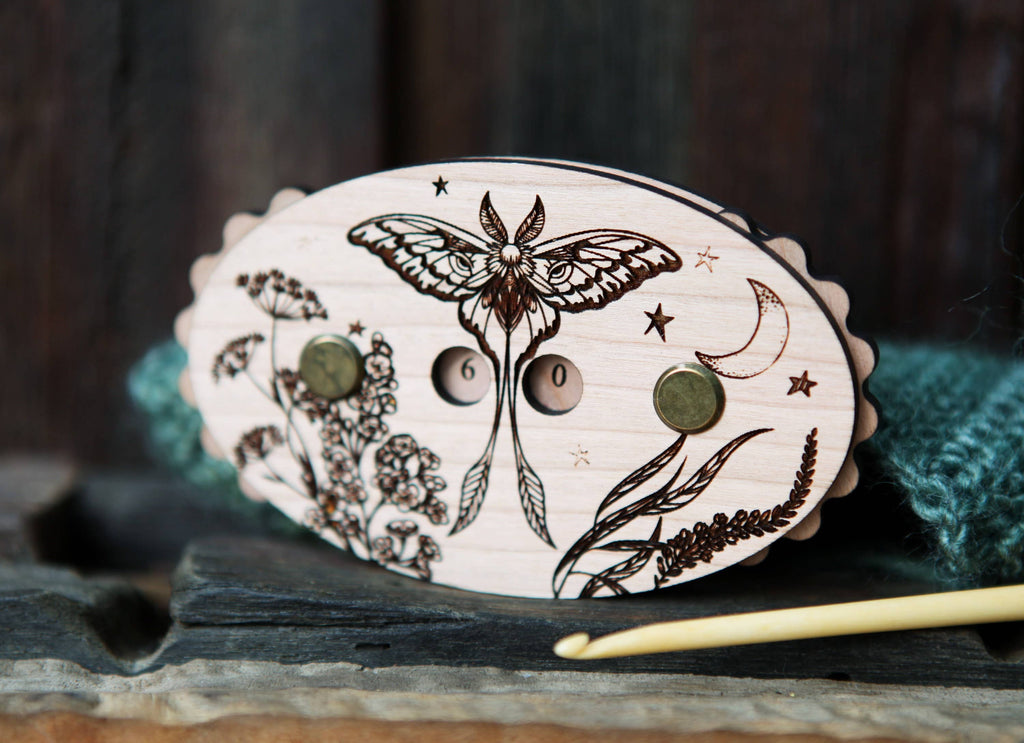 Luna Moth Cherry Wood Knitting Row Counter