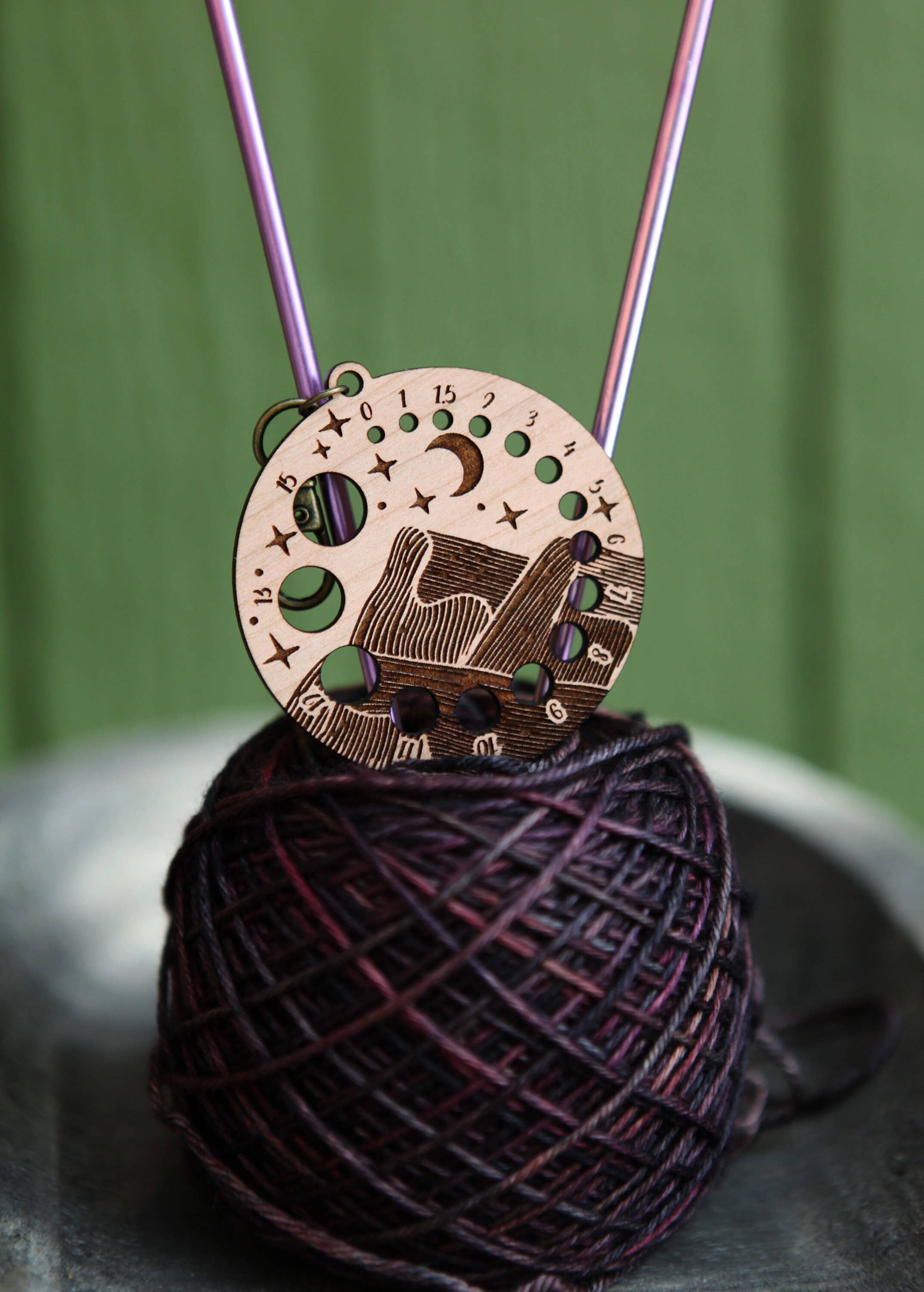 Cherry Wood Knitting Needle Gauge with Night Sky Motif