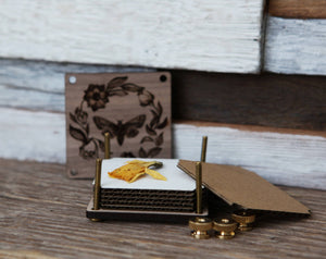 Walnut & Brass Moth-Engraved Flower Press Kit with Inserts