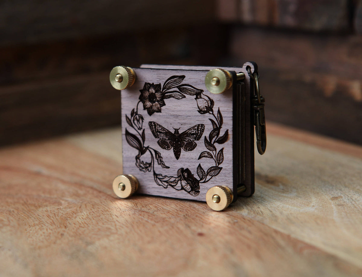 Walnut & Brass Moth-Engraved Flower Press Kit with Inserts