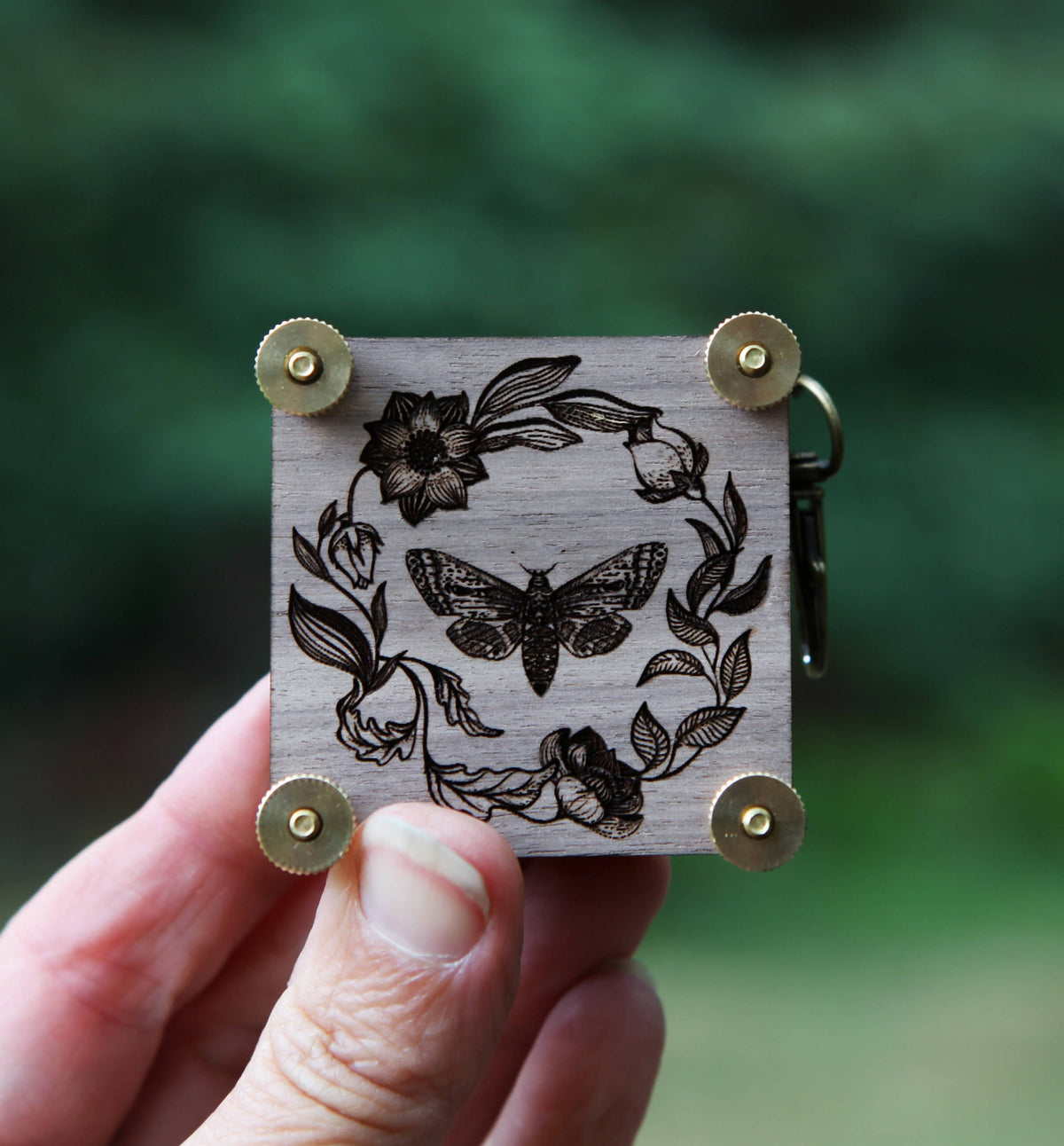 Walnut & Brass Moth-Engraved Flower Press Kit with Inserts