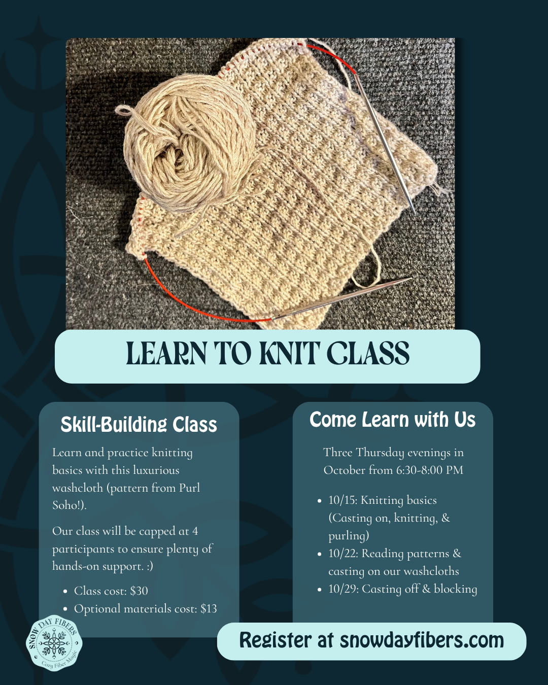 Learn to Knit Class (10/15, 10/22, 10/29)