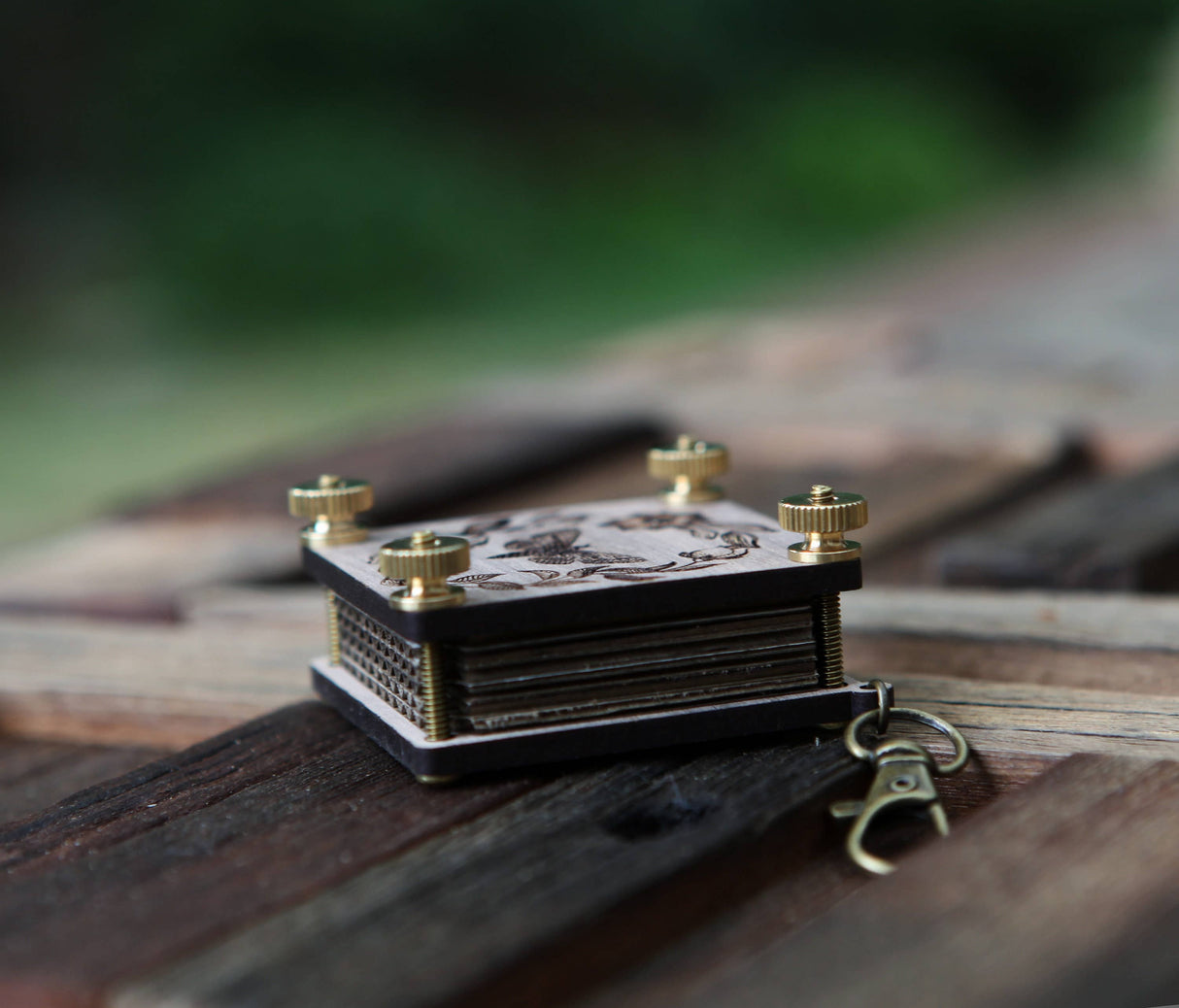 Walnut & Brass Moth-Engraved Flower Press Kit with Inserts
