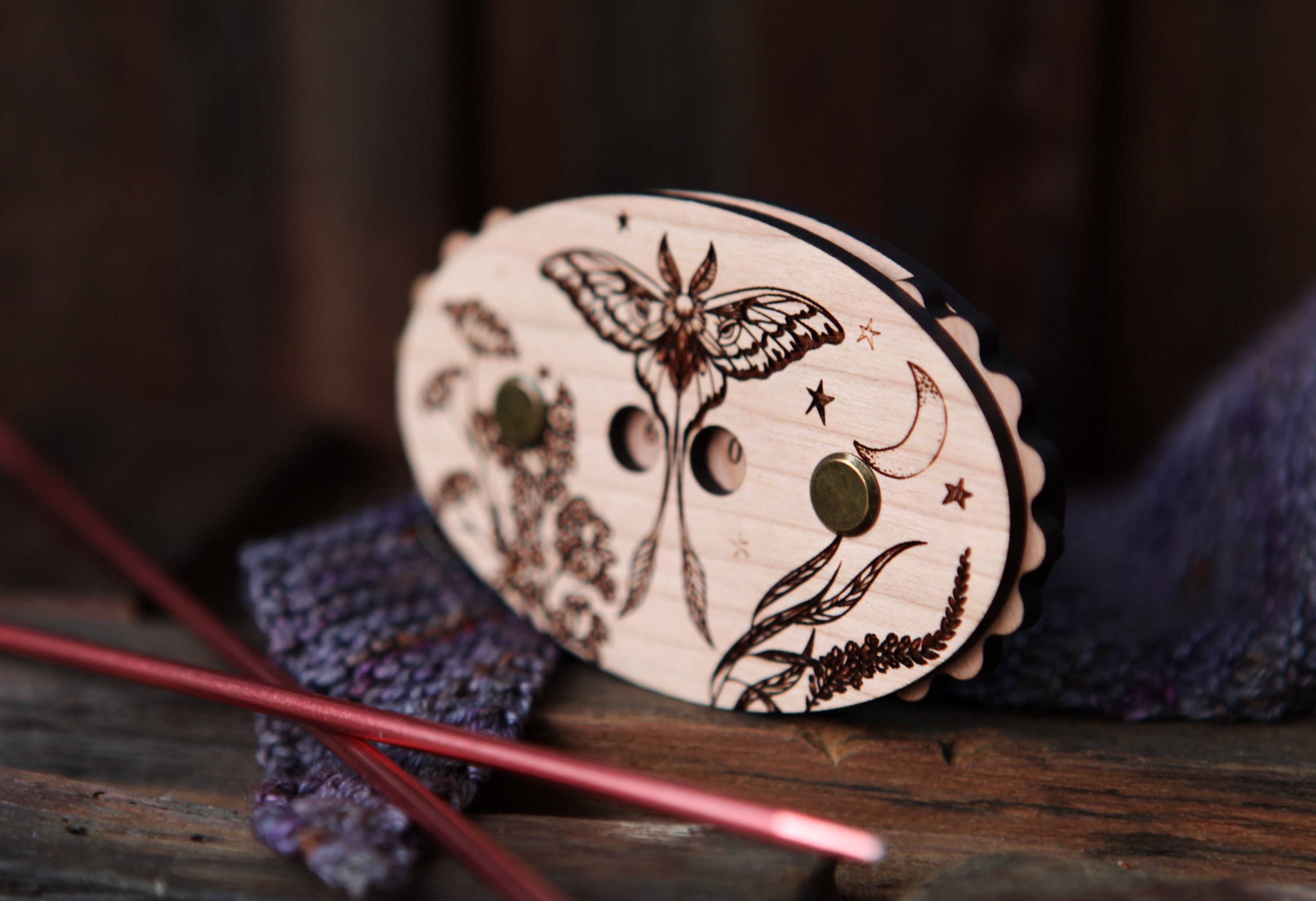 Luna Moth Cherry Wood Knitting Row Counter