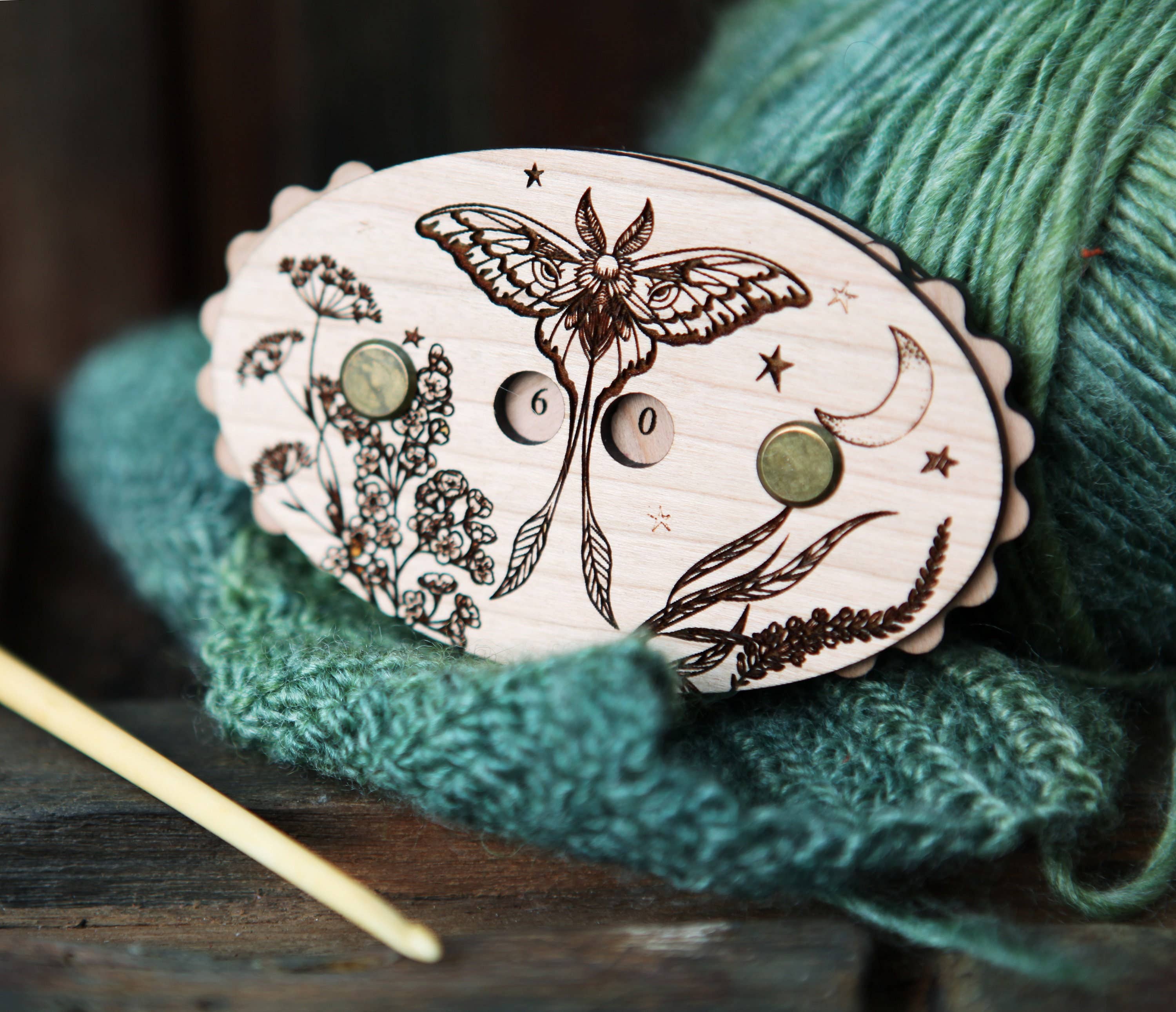 Luna Moth Cherry Wood Knitting Row Counter
