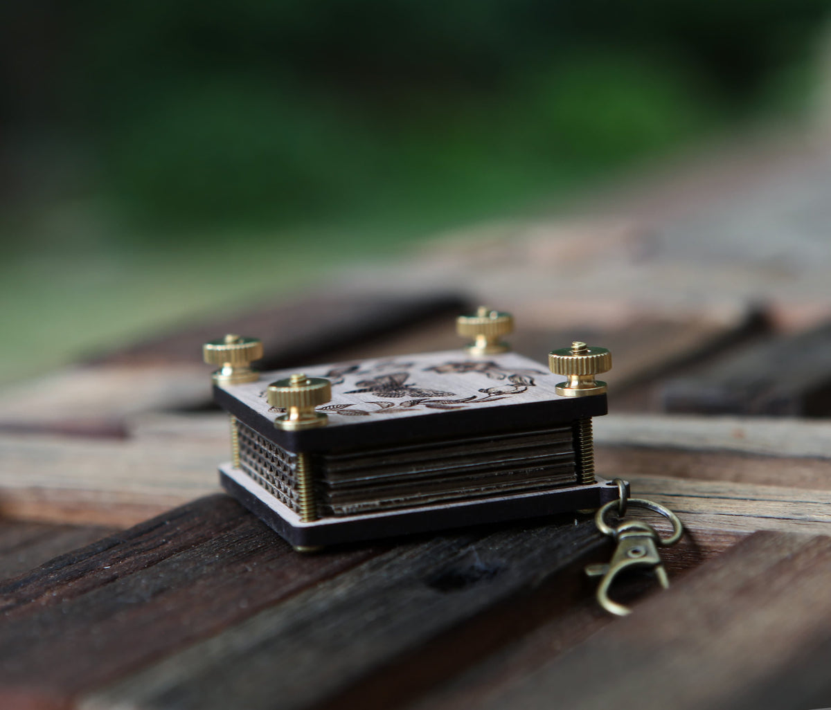 Walnut & Brass Moth-Engraved Flower Press Kit with Inserts