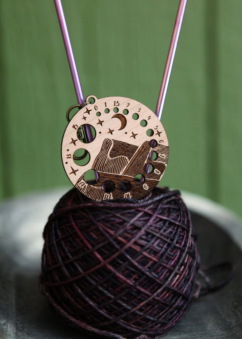 Cherry Wood Knitting Needle Gauge with Night Sky Motif