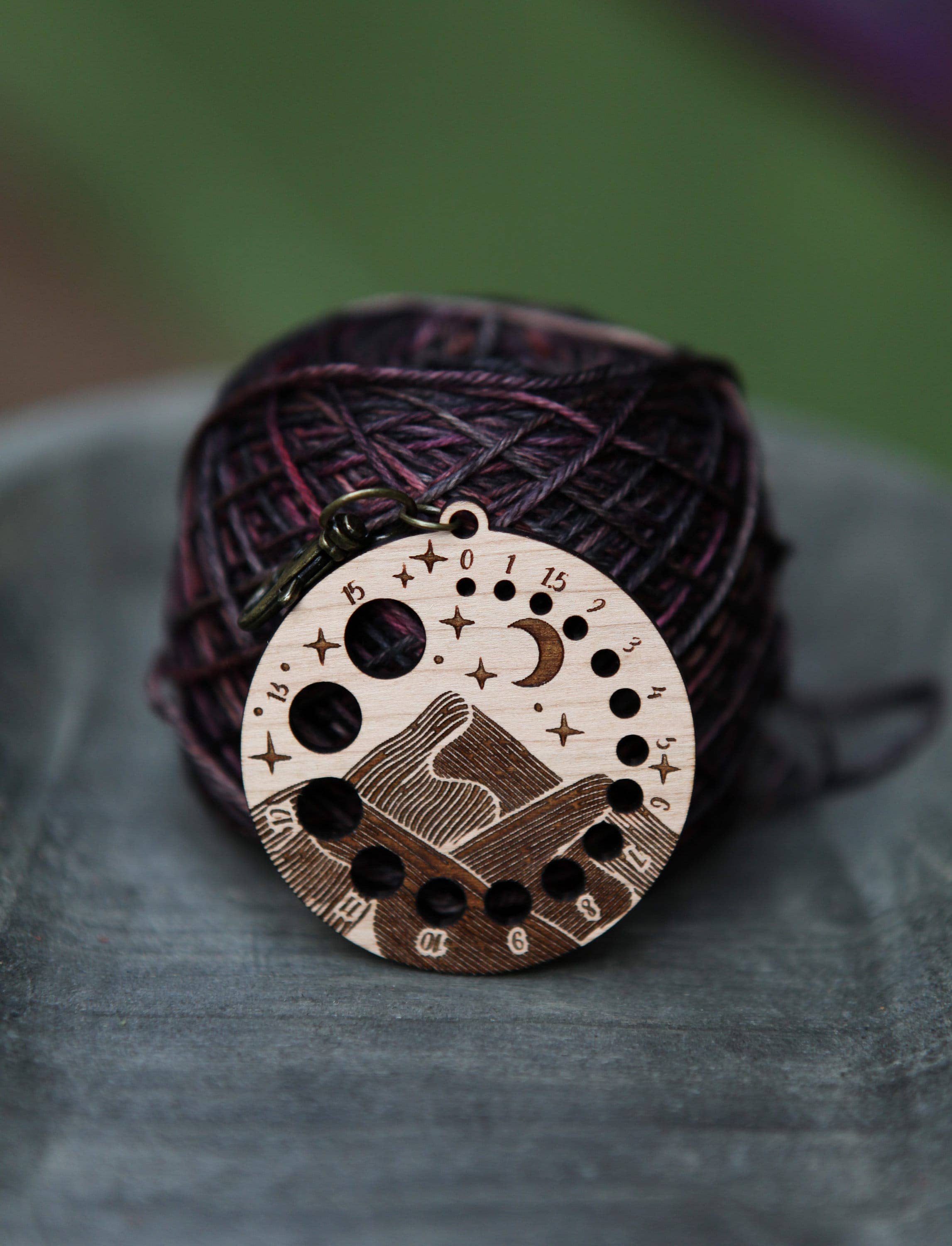 Cherry Wood Knitting Needle Gauge with Night Sky Motif