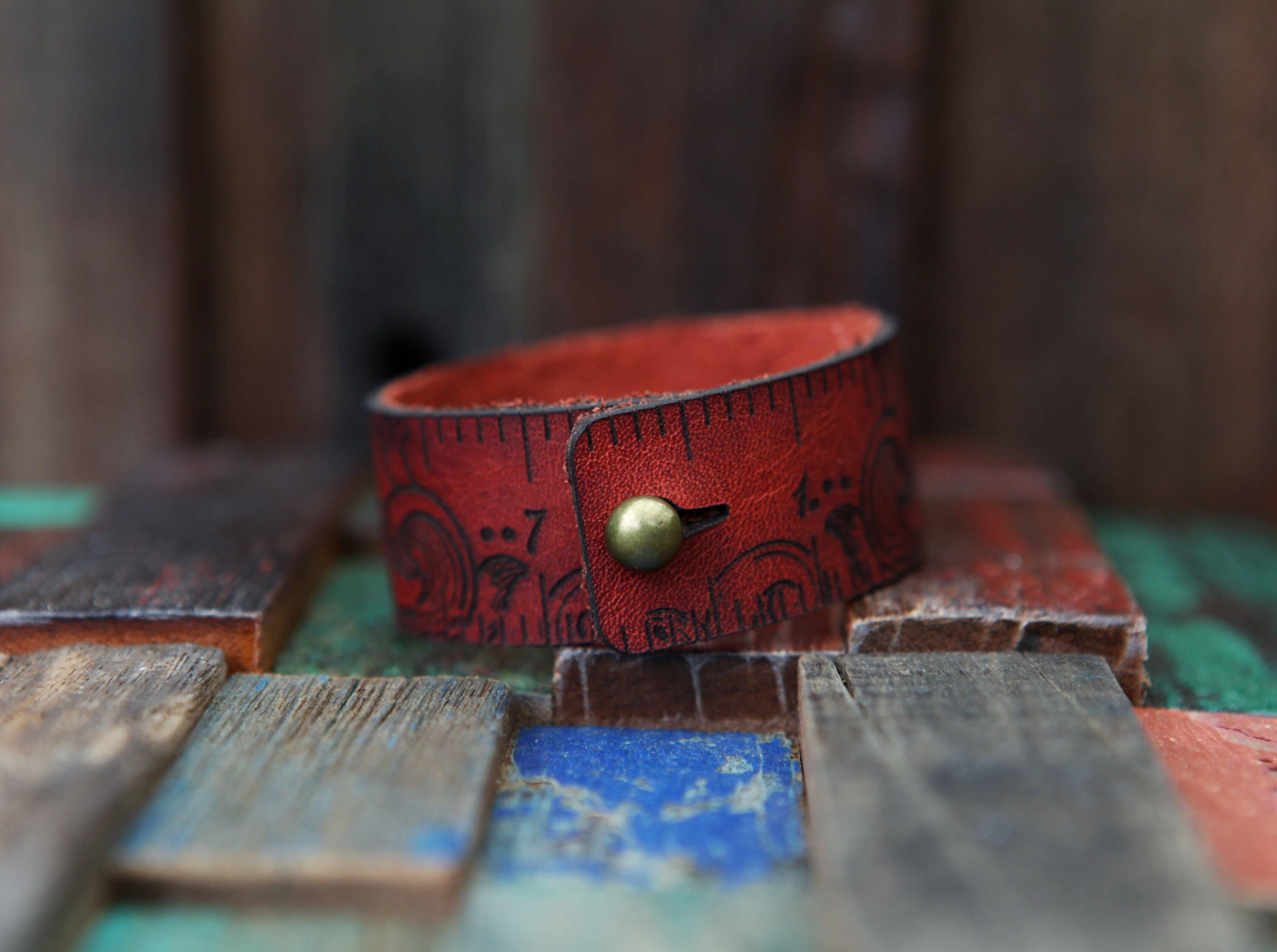 Leather Ruler Cuff with Bronze Stud