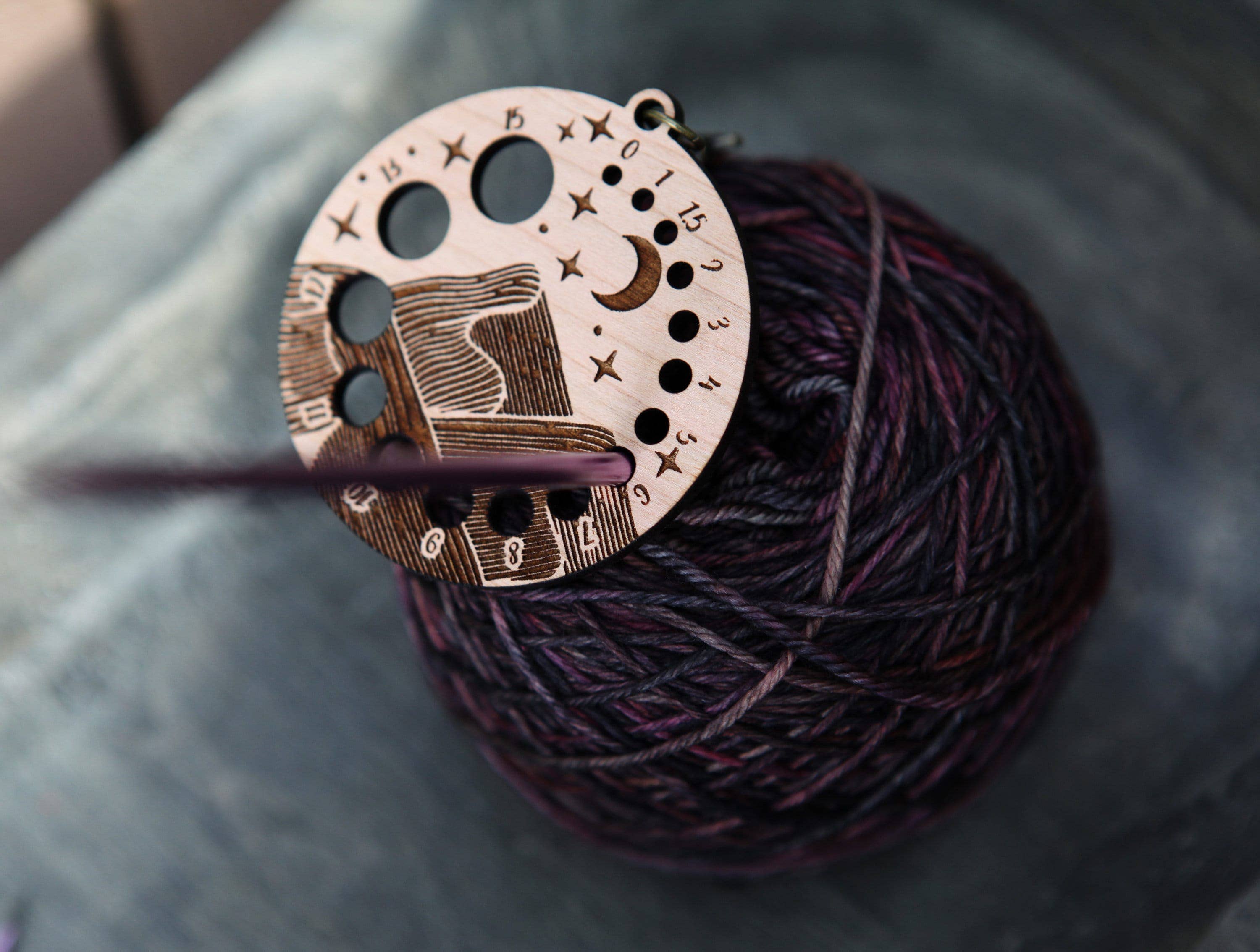 Cherry Wood Knitting Needle Gauge with Night Sky Motif