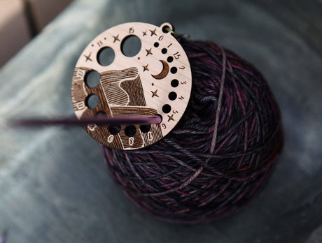 Cherry Wood Knitting Needle Gauge with Night Sky Motif