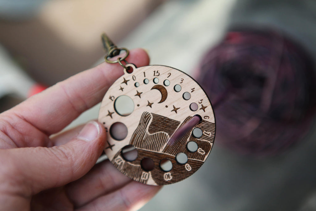 Cherry Wood Knitting Needle Gauge with Night Sky Motif